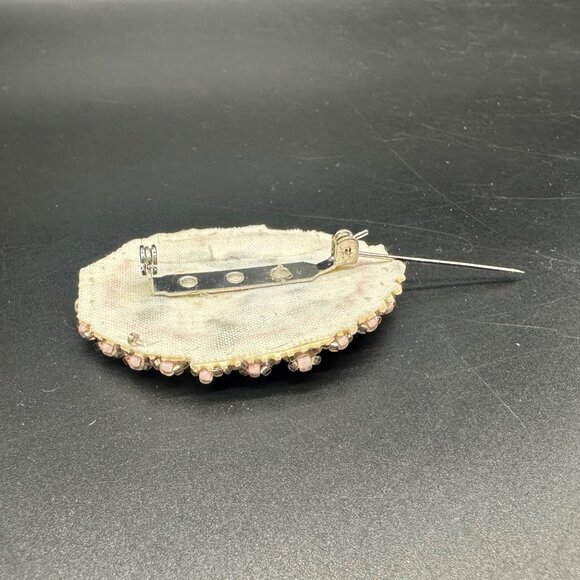 Vintage Brooch Pin Handmade Beaded Floral Ribbon Roses Pastel Oval Cottagecore - Picture 3 of 7